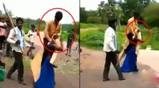 கணவனை தோளில் சுமக்க வைத்து குச்சியால் அடித்து நடக்க வைத்த கிராம மக்கள்! வெளியான வீடியோ!