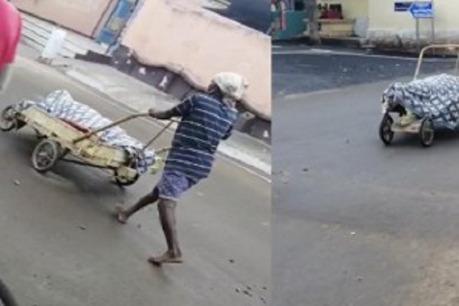 கொரோனாவால் உயிரிழந்த பாட்டி: தள்ளுவண்டியில் உடலை கொண்டு சென்ற பேரன்…. வெளியான புகைப்படம்